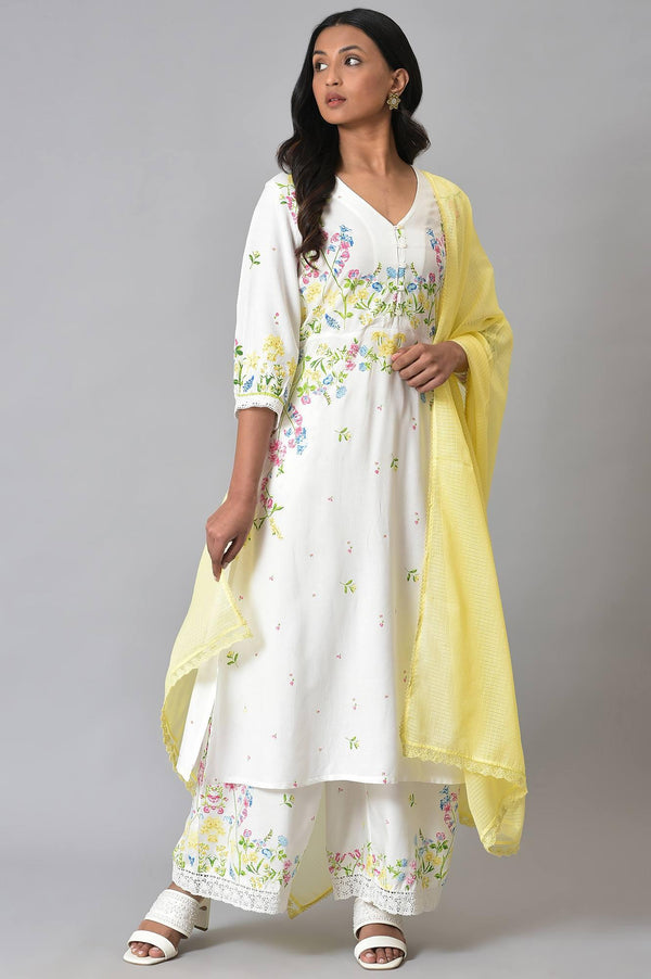 White Floral Print kurta Set