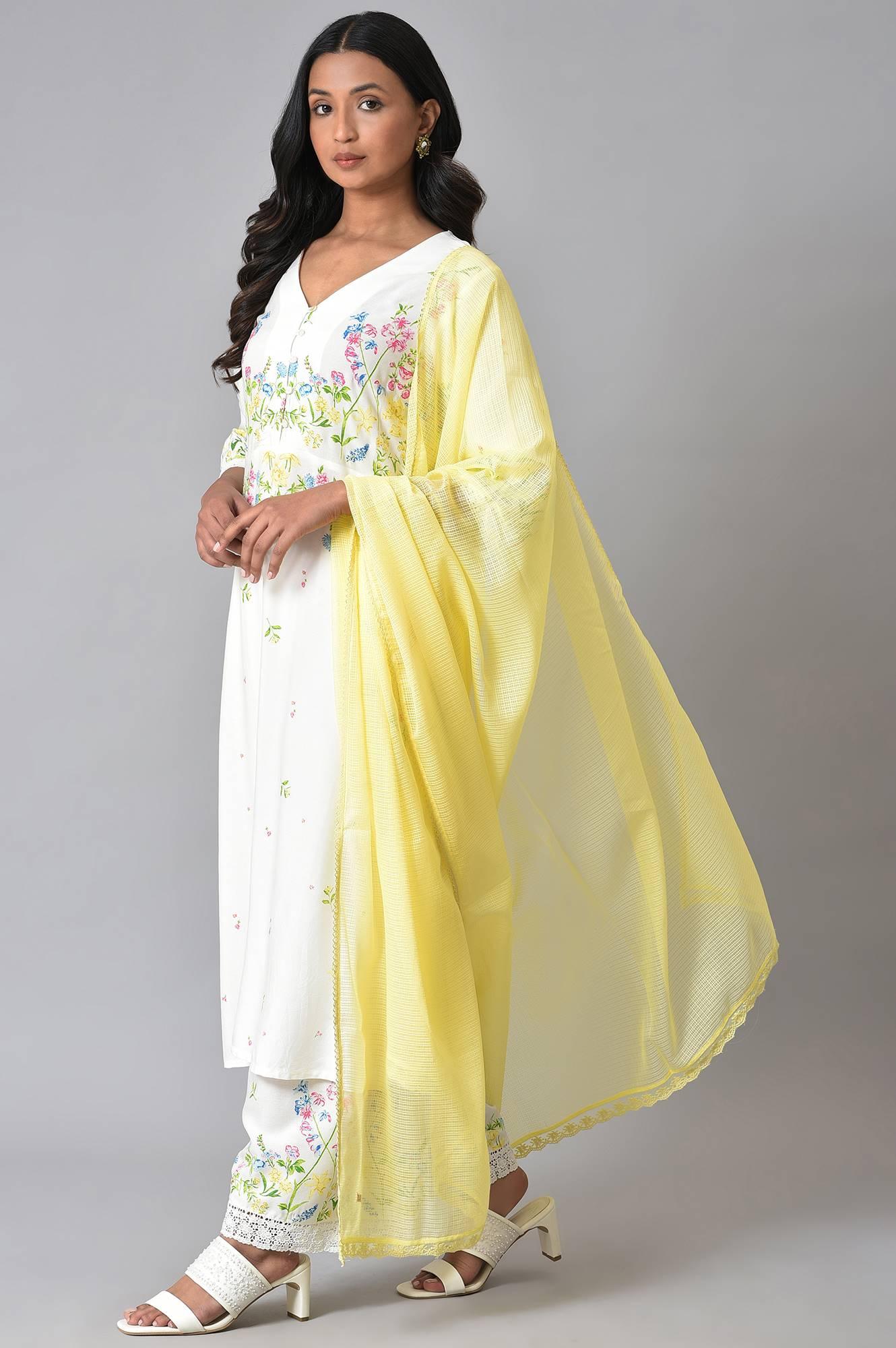 White Floral Print kurta Set - wforwoman