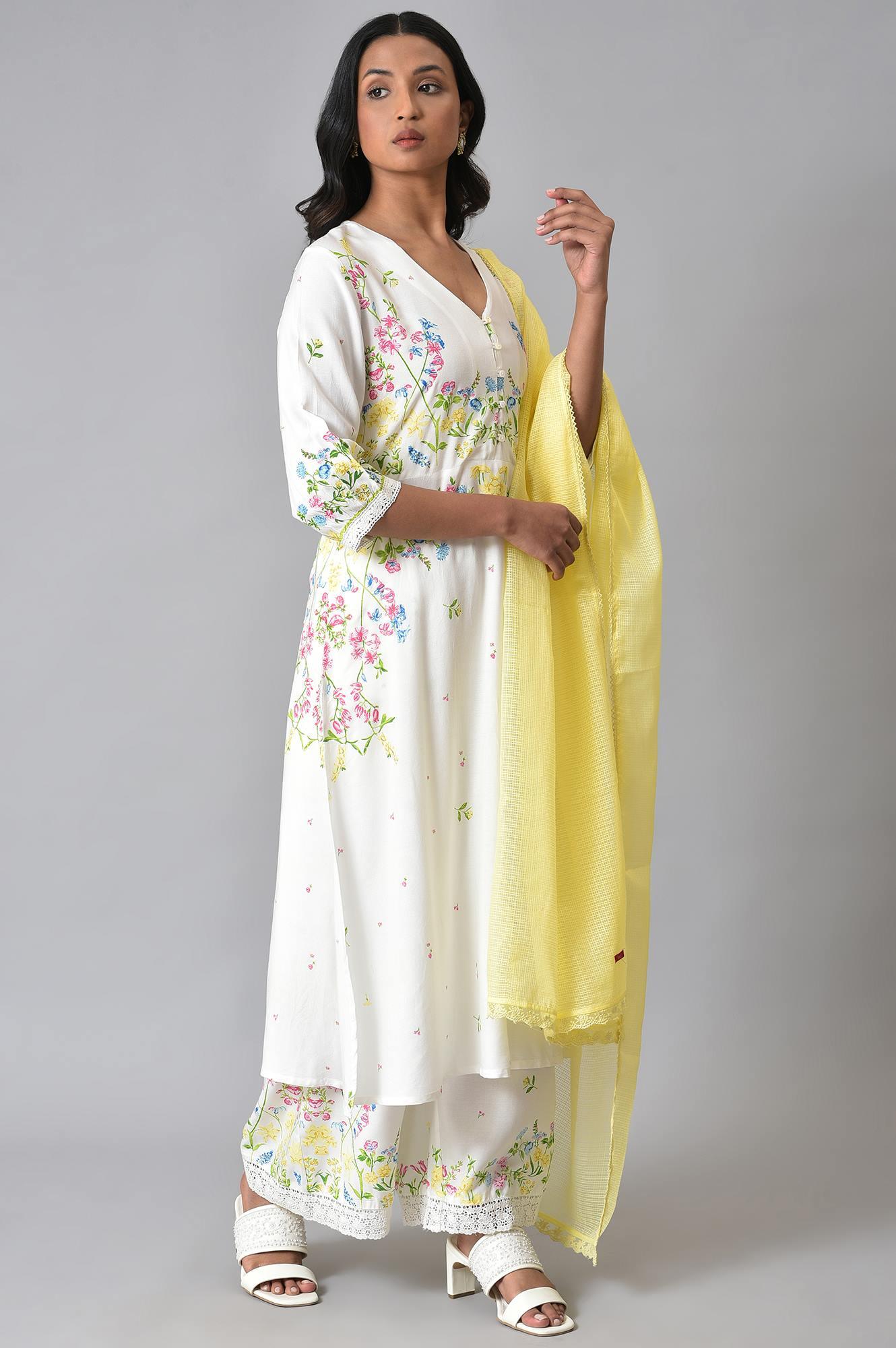 White Floral Print kurta Set - wforwoman