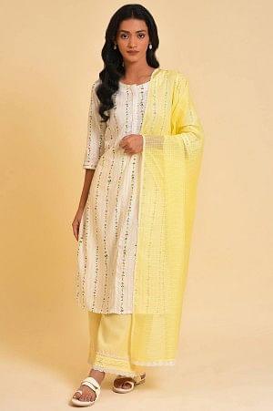 White Printed Straight Kurta, Parallel Pants And Dupatta Set