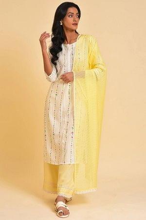 White Printed Straight Kurta, Parallel Pants And Dupatta Set - XS