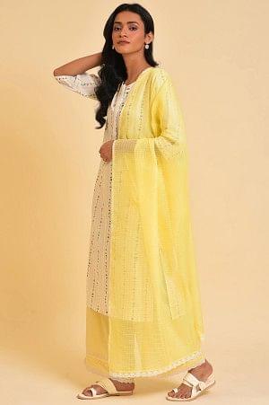White Printed Straight Kurta, Parallel Pants And Dupatta Set
