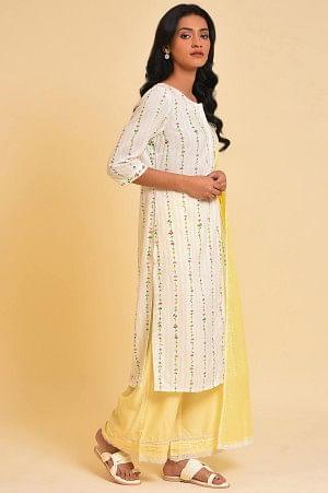 White Printed Straight Kurta, Parallel Pants And Dupatta Set