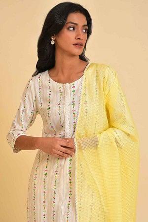 White Printed Straight Kurta, Parallel Pants And Dupatta Set