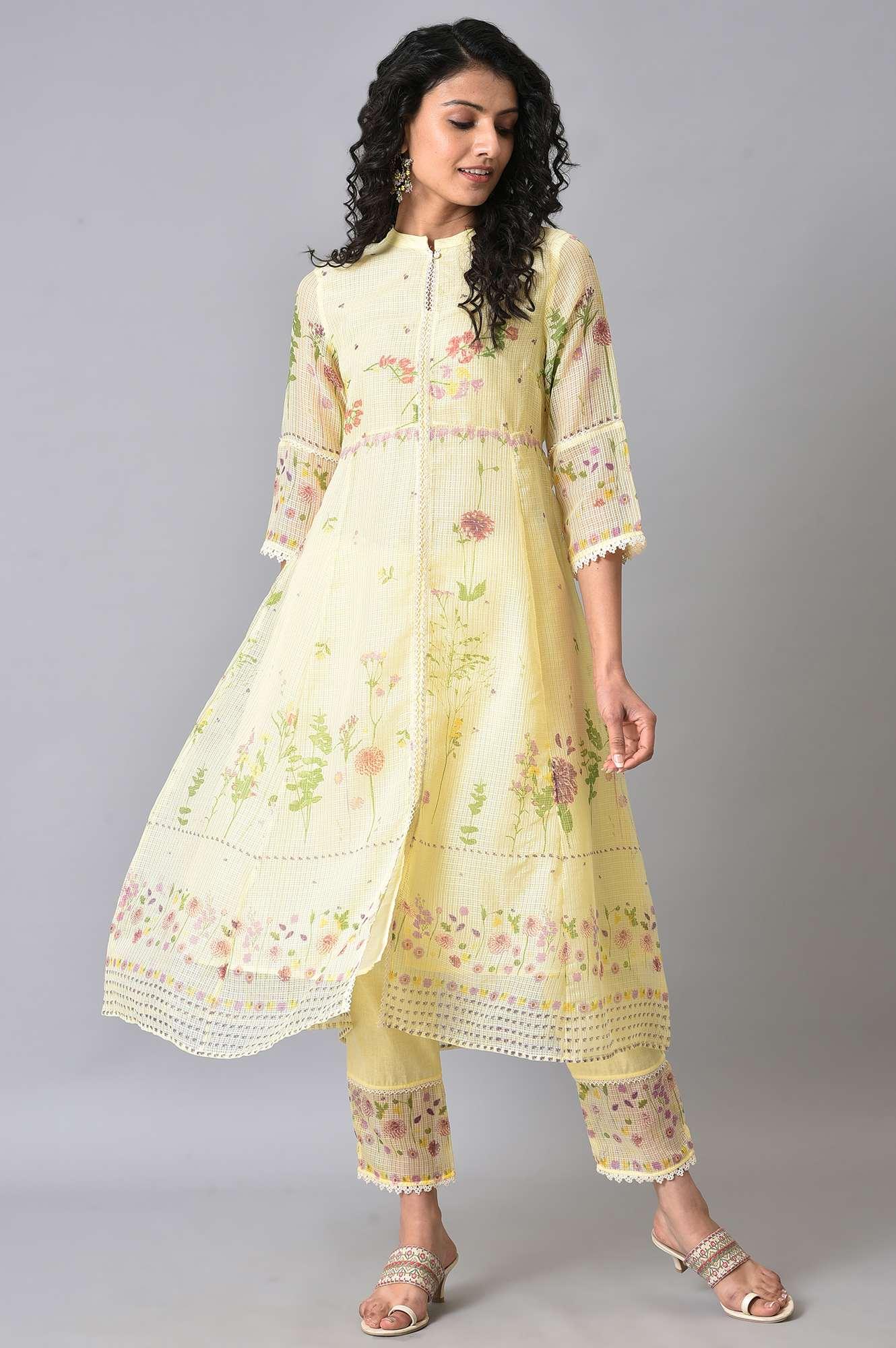Light Yellow Printed Kota kurta Set - wforwoman