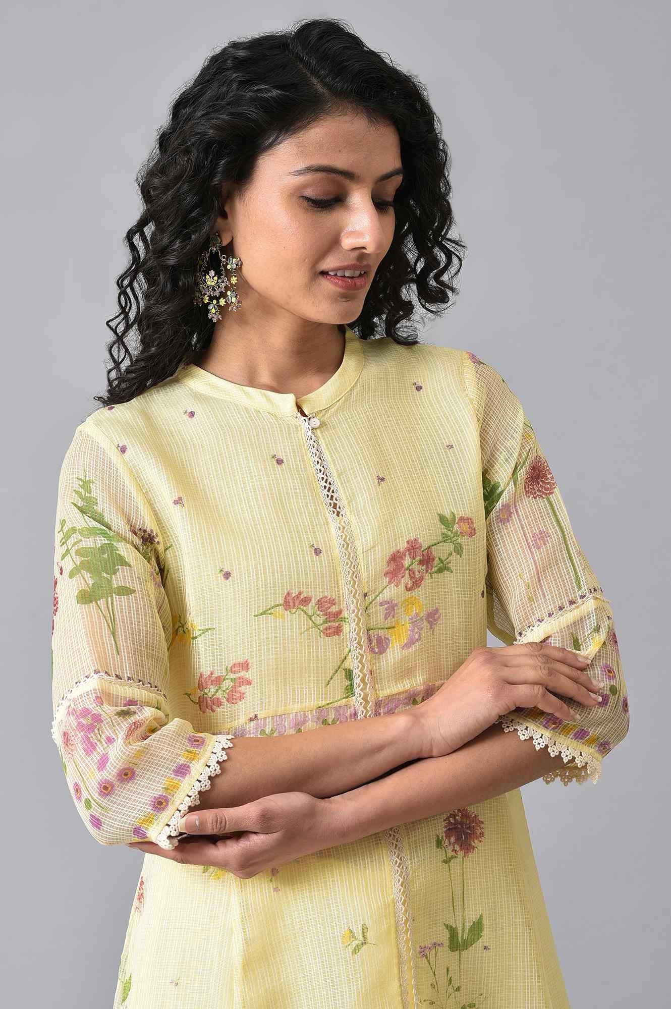 Light Yellow Printed Kota kurta Set - wforwoman