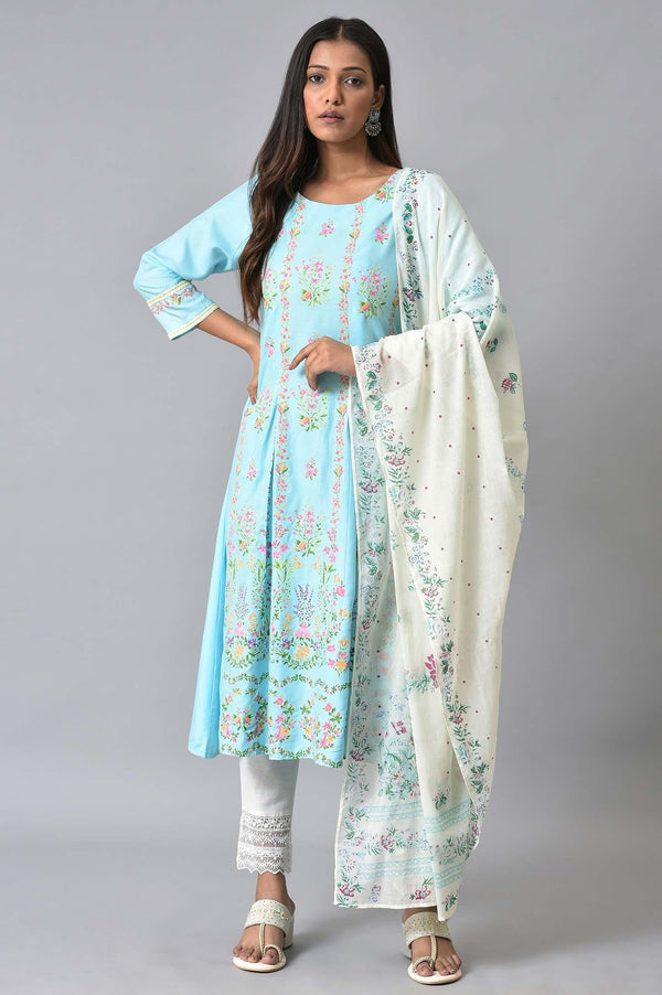 Blue Floral Printed Pleated kurta Set