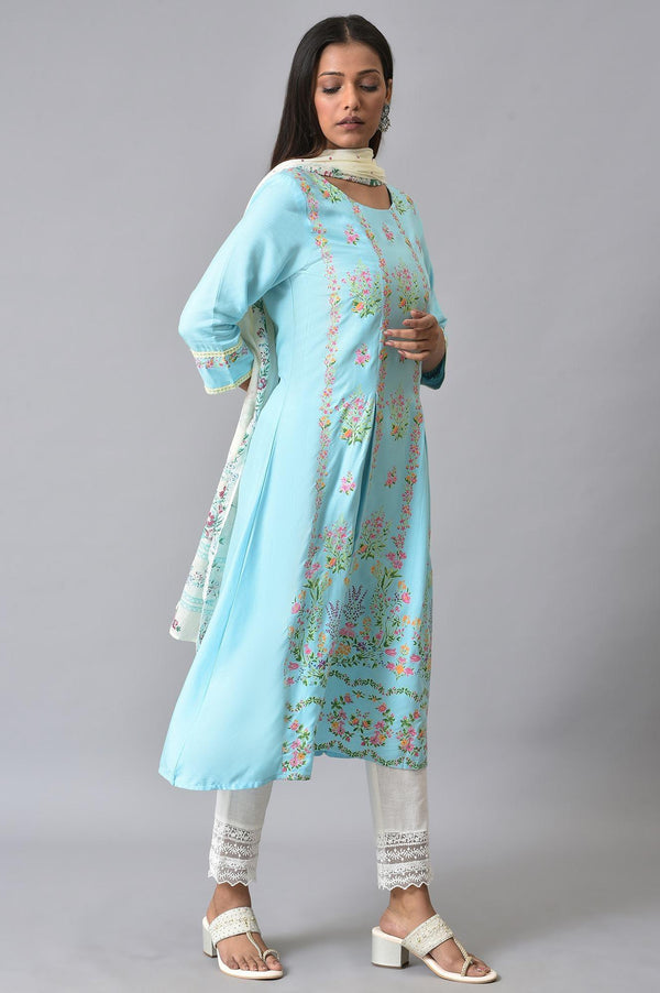 Blue Floral Printed Pleated kurta Set