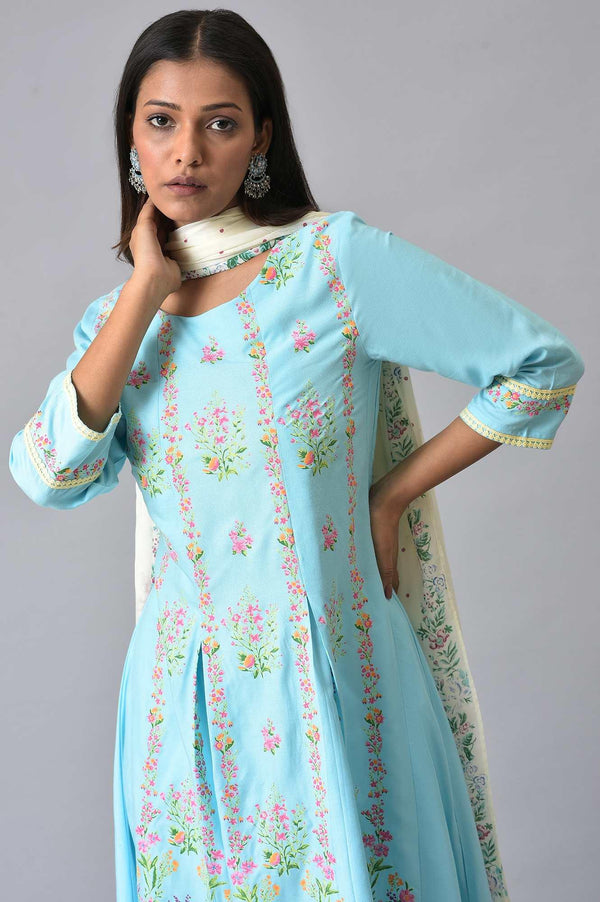Blue Floral Printed Pleated kurta Set