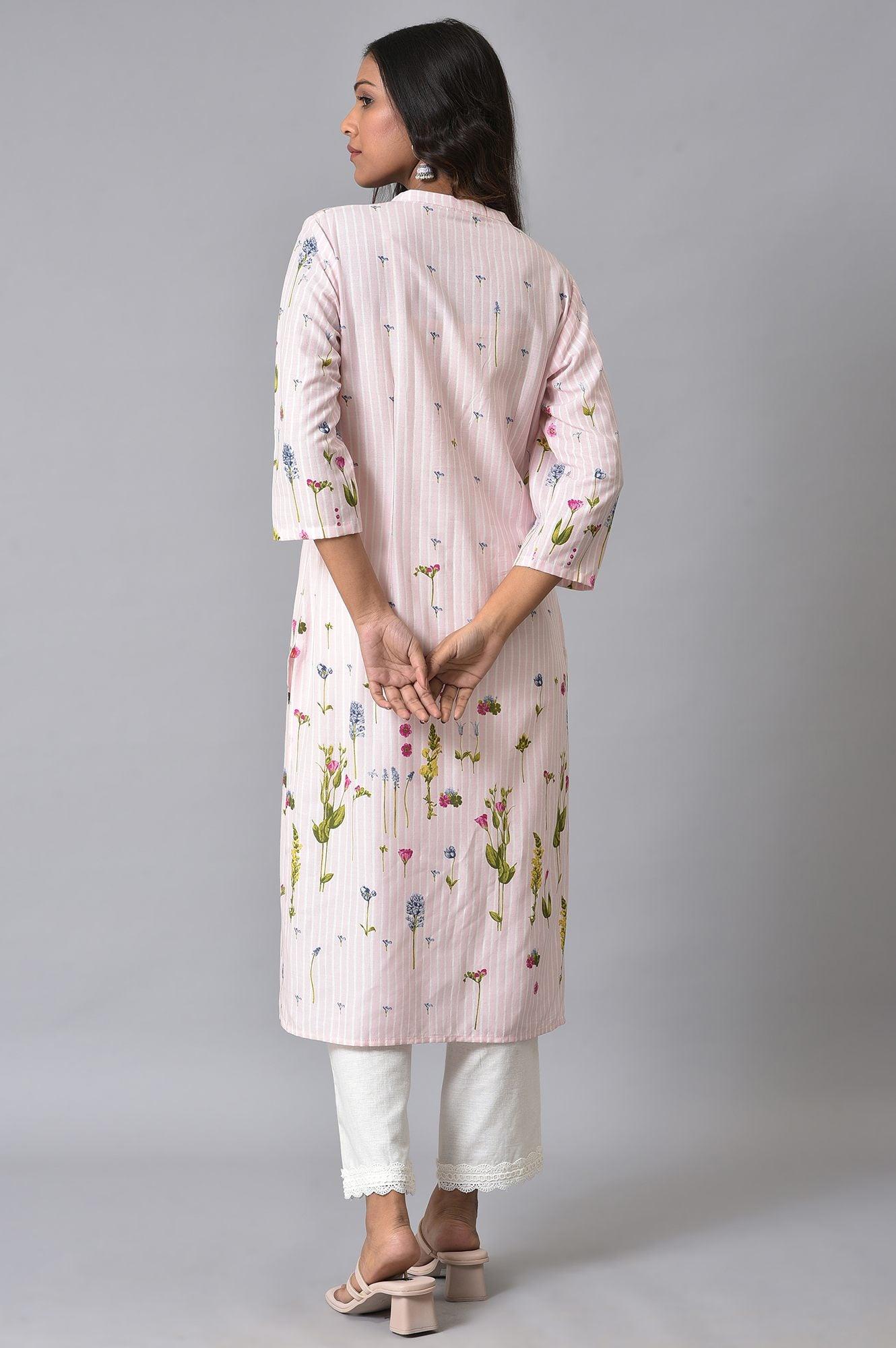 Light Pink Floral Printer Summer kurta Set - wforwoman