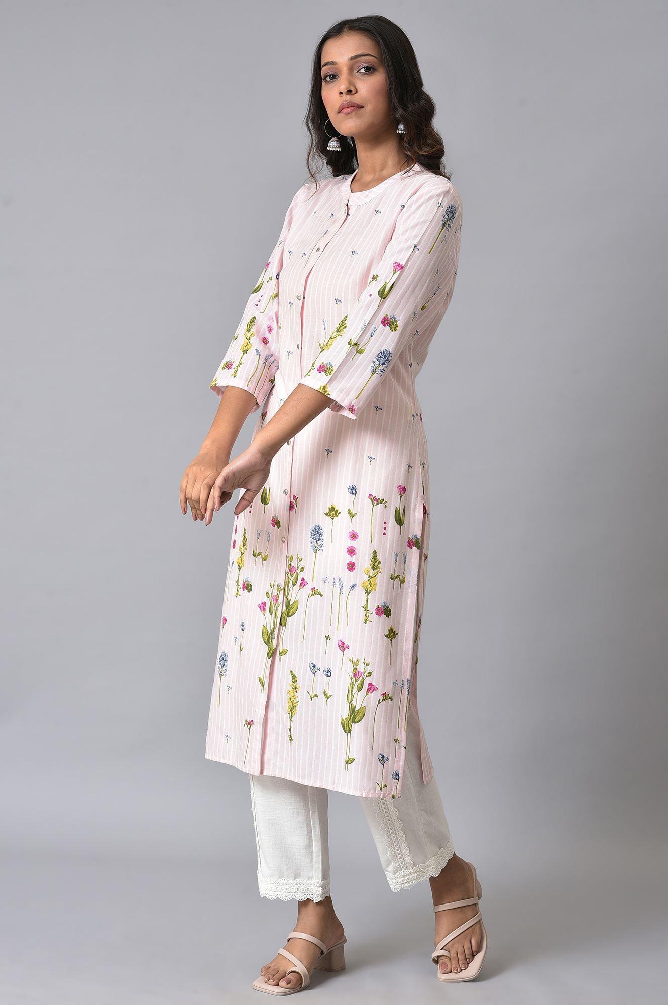 Light Pink Floral Printer Summer kurta Set - wforwoman
