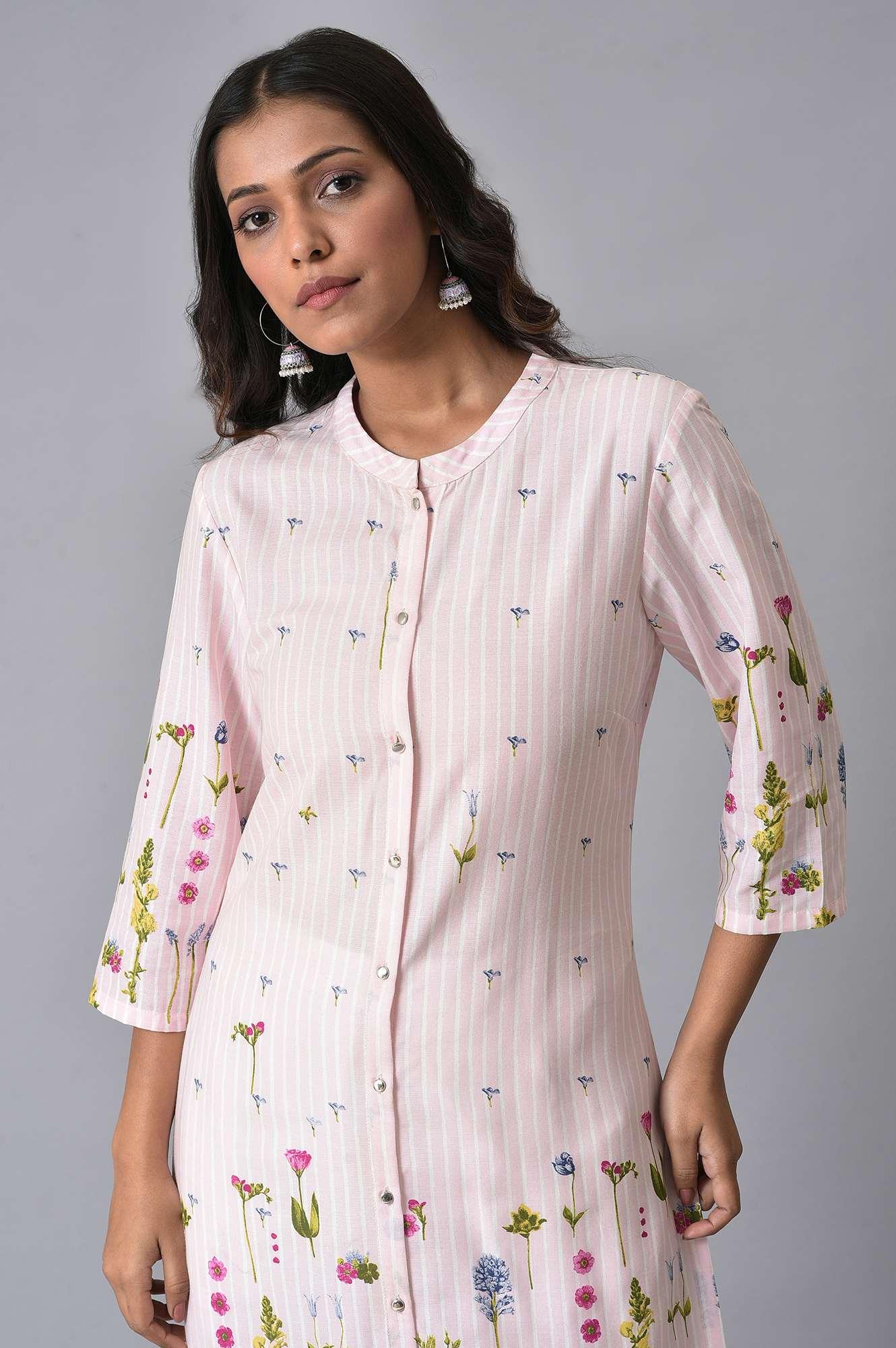 Light Pink Floral Printer Summer kurta Set - wforwoman