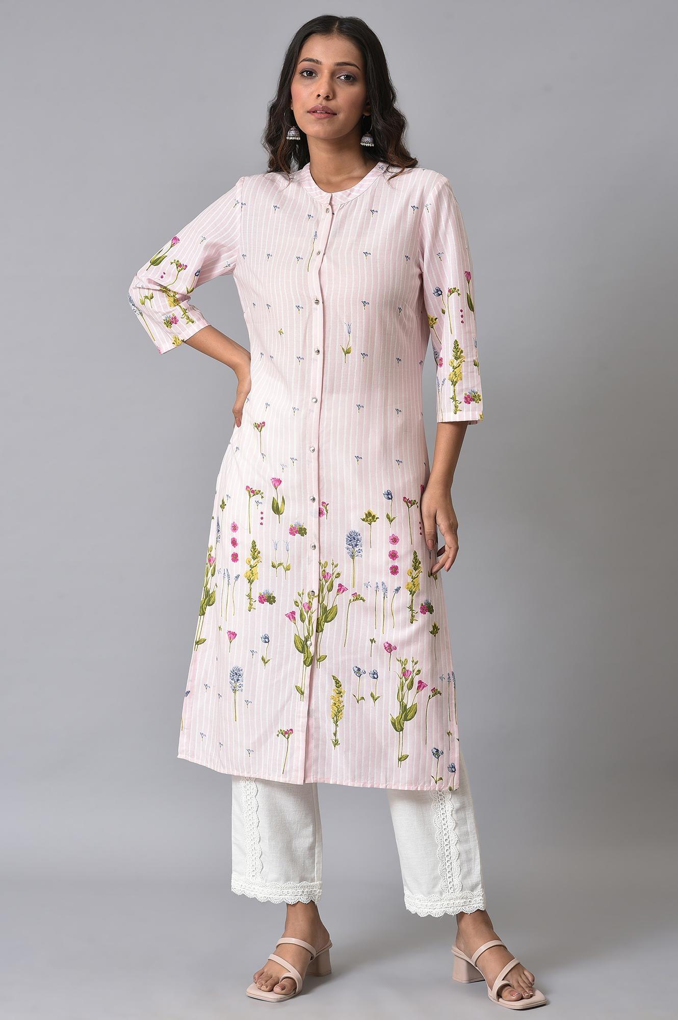 Light Pink Floral Printer Summer kurta Set - wforwoman