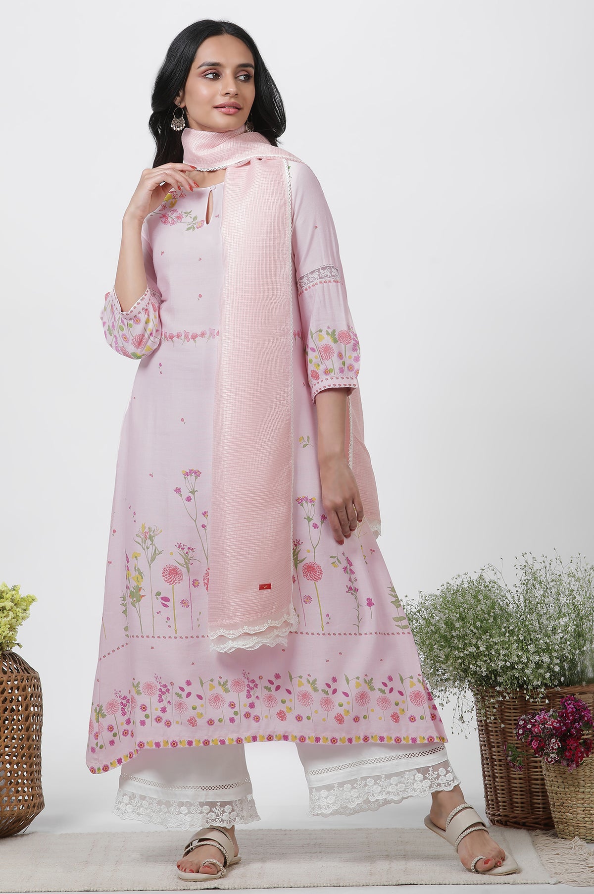 Pink Floral Printed A-Line Kurta, Pants And Kota Dupatta Set - XS