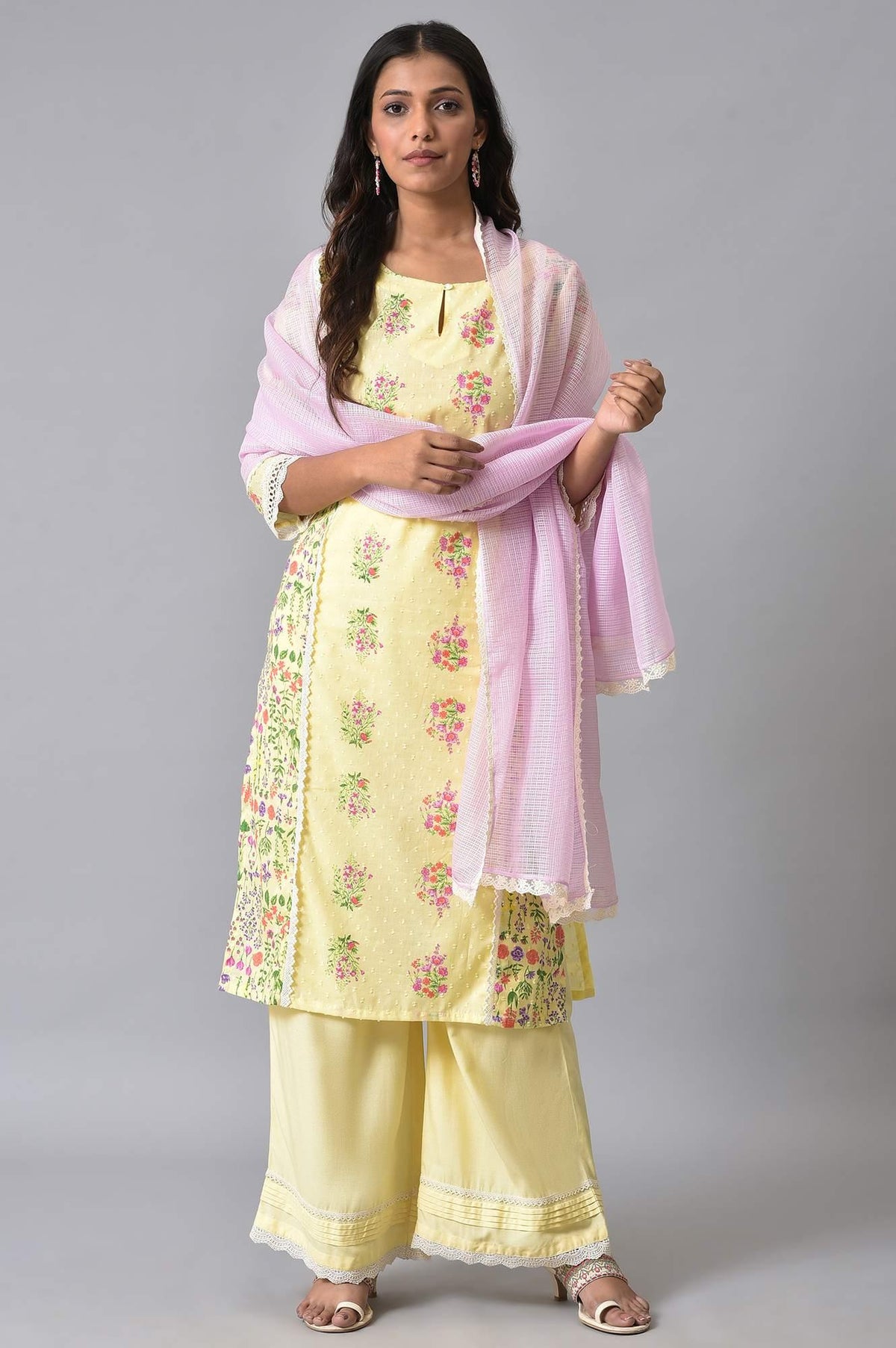 Yellow Panelled Floral Print kurta Set - XS