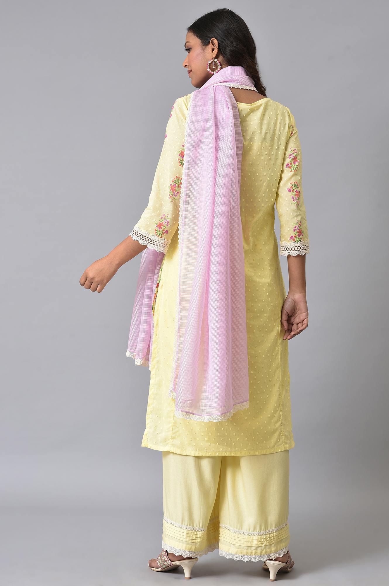 Yellow Panelled Floral Print kurta Set - wforwoman