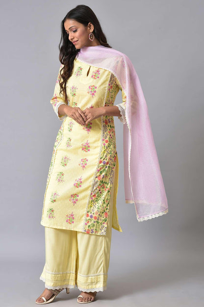 Yellow Panelled Floral Print kurta Set - wforwoman