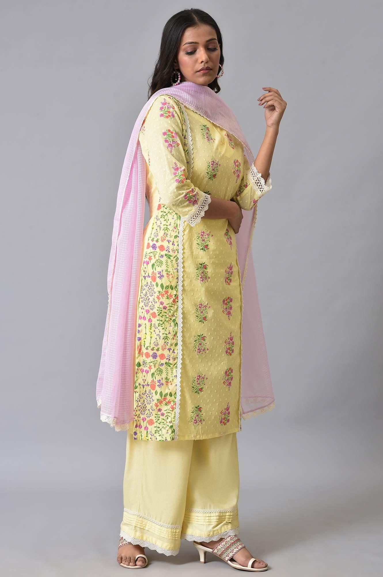 Yellow Panelled Floral Print kurta Set - wforwoman