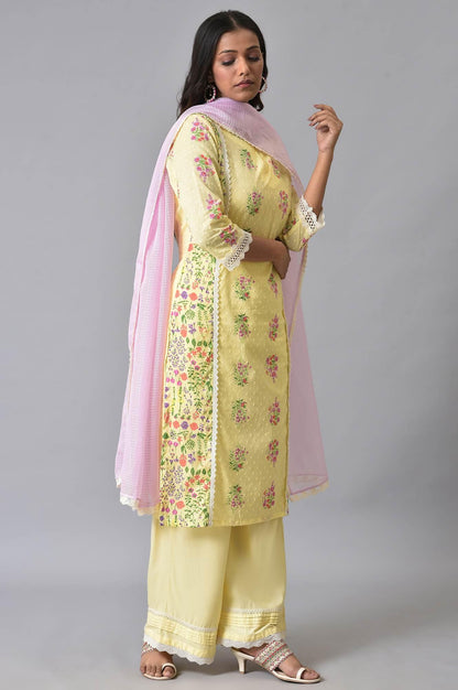 Yellow Panelled Floral Print kurta Set - wforwoman