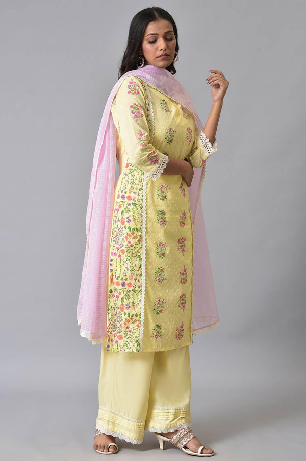 Yellow Panelled Floral Print kurta Set