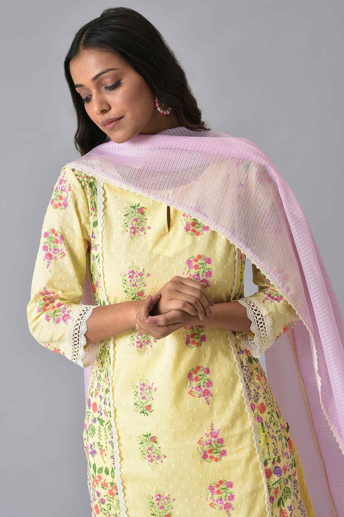 Yellow Panelled Floral Print kurta Set - wforwoman