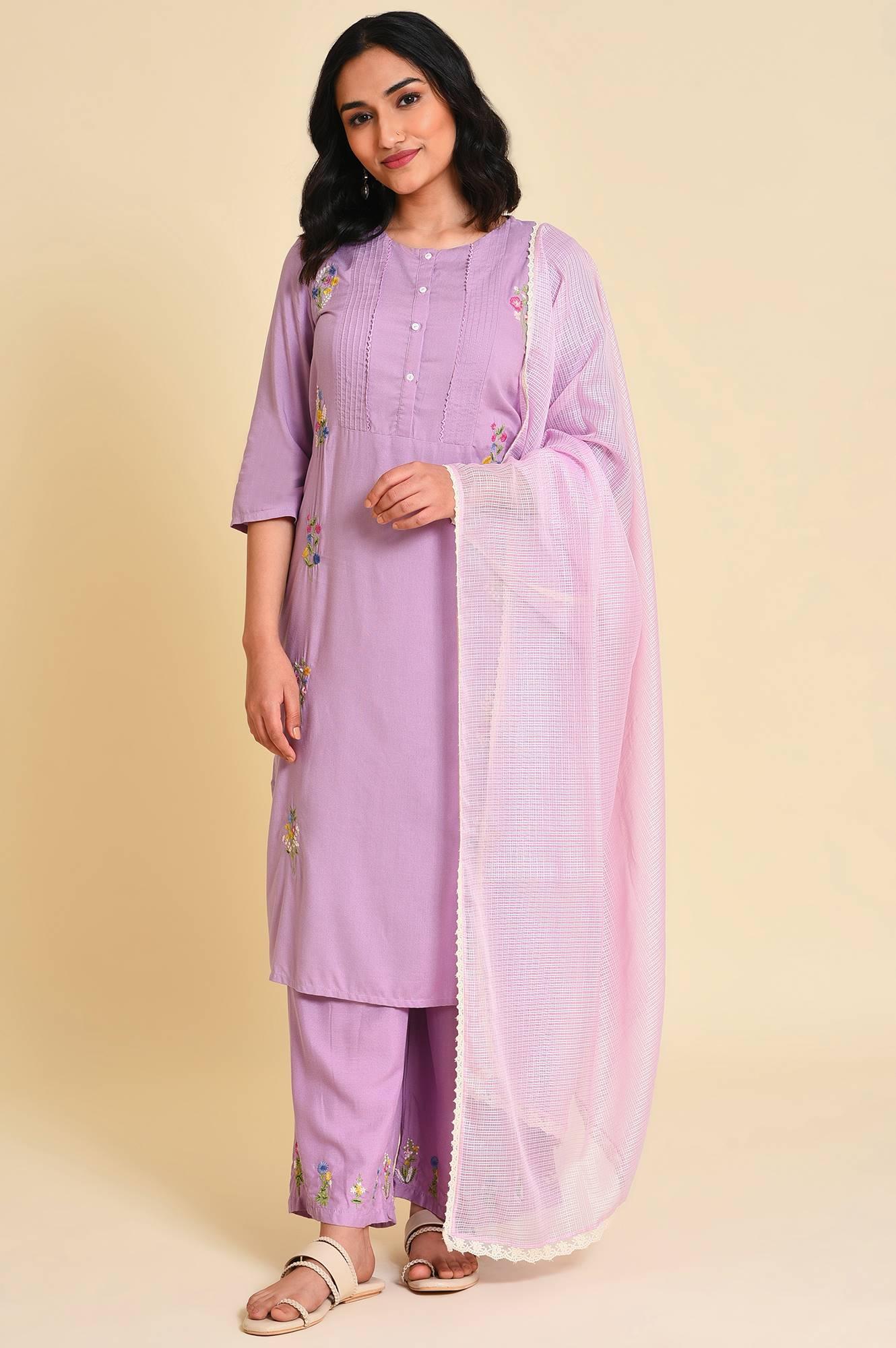 Ligh Purple Embroidered kurta Set - wforwoman