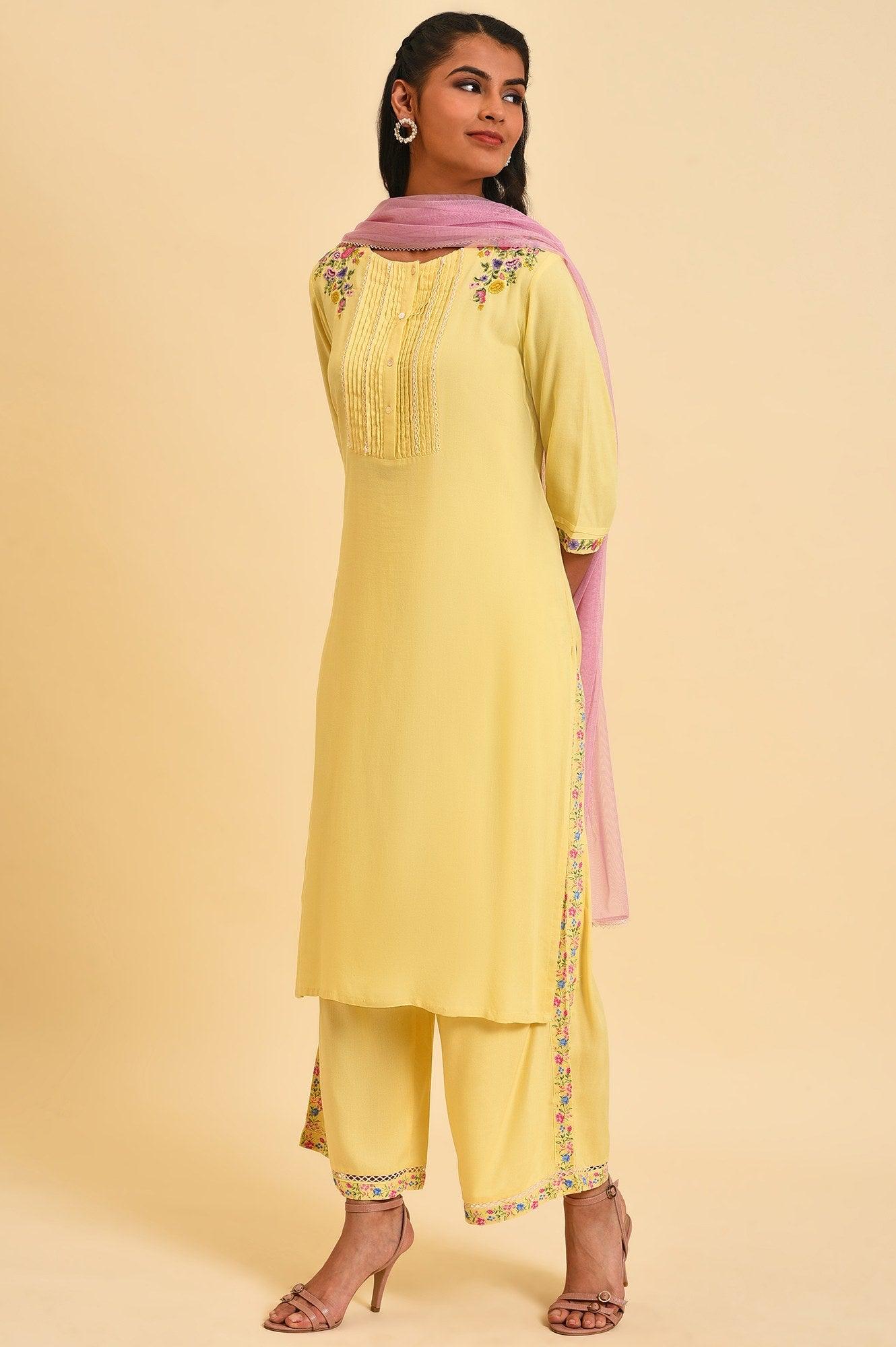 Light Yellow Embroidered kurta Set - wforwoman
