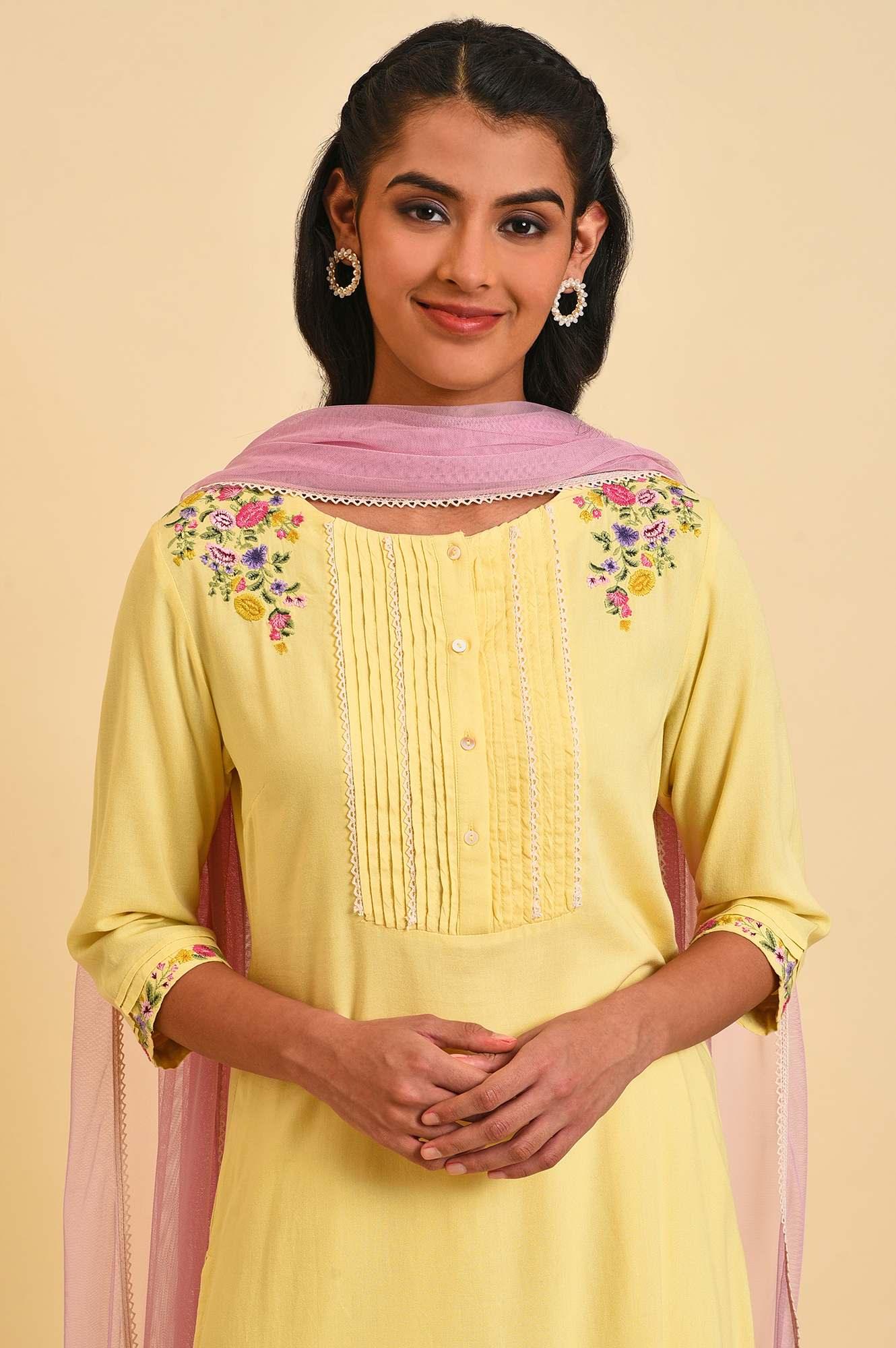 Light Yellow Embroidered kurta Set - wforwoman