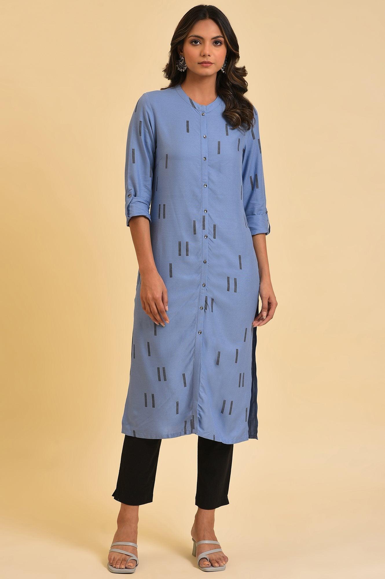 Blue Geometric Print Shirt kurta &amp; Pants Set - wforwoman