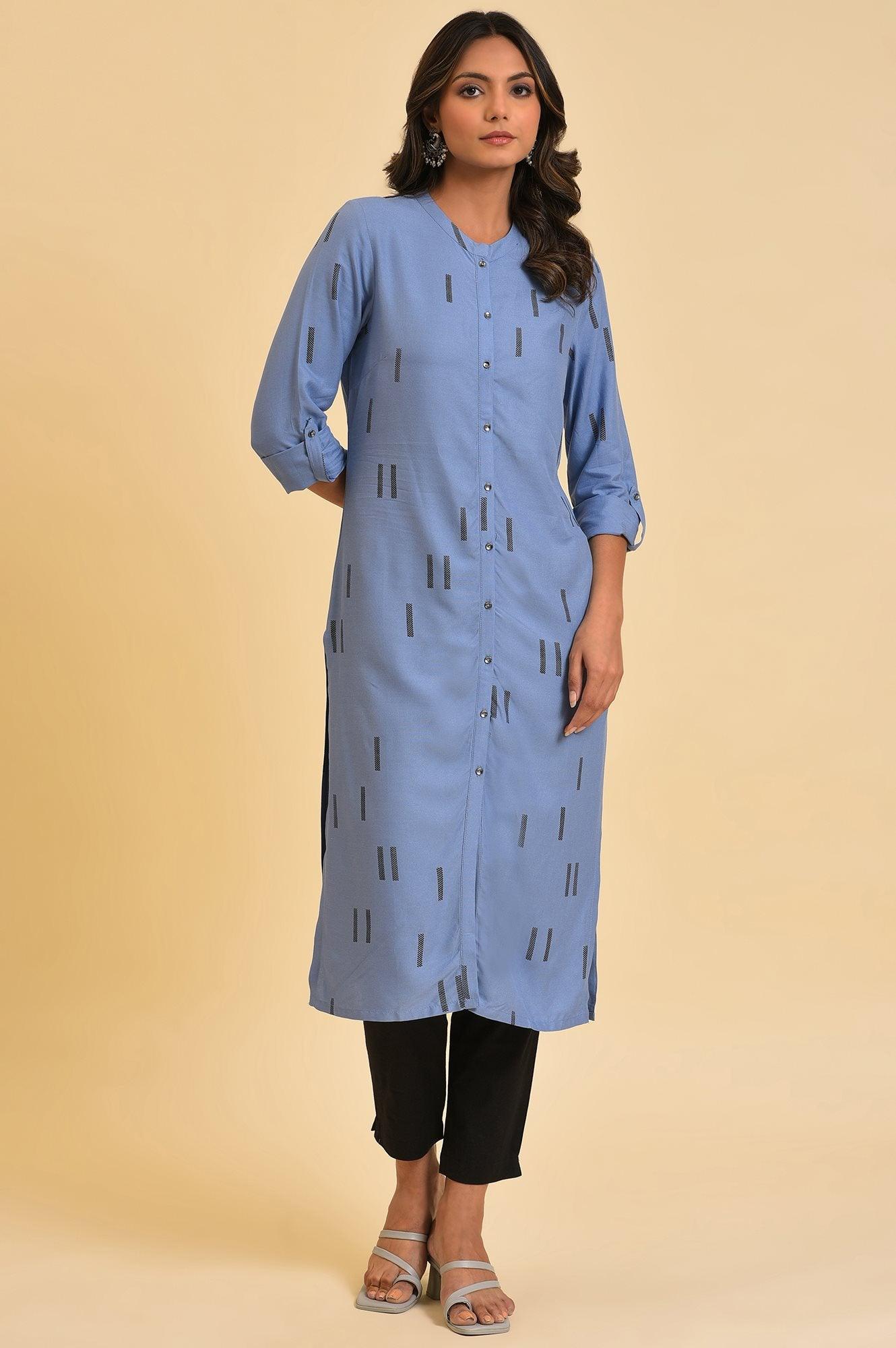 Blue Geometric Print Shirt kurta &amp; Pants Set - wforwoman