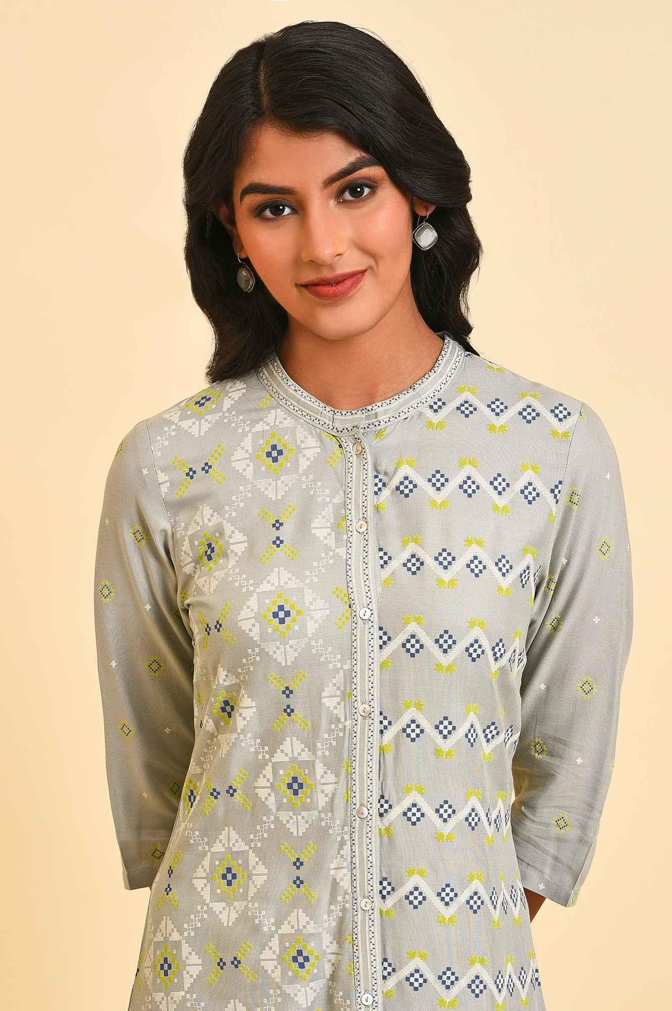 Grey Geometric Print kurta Set - wforwoman
