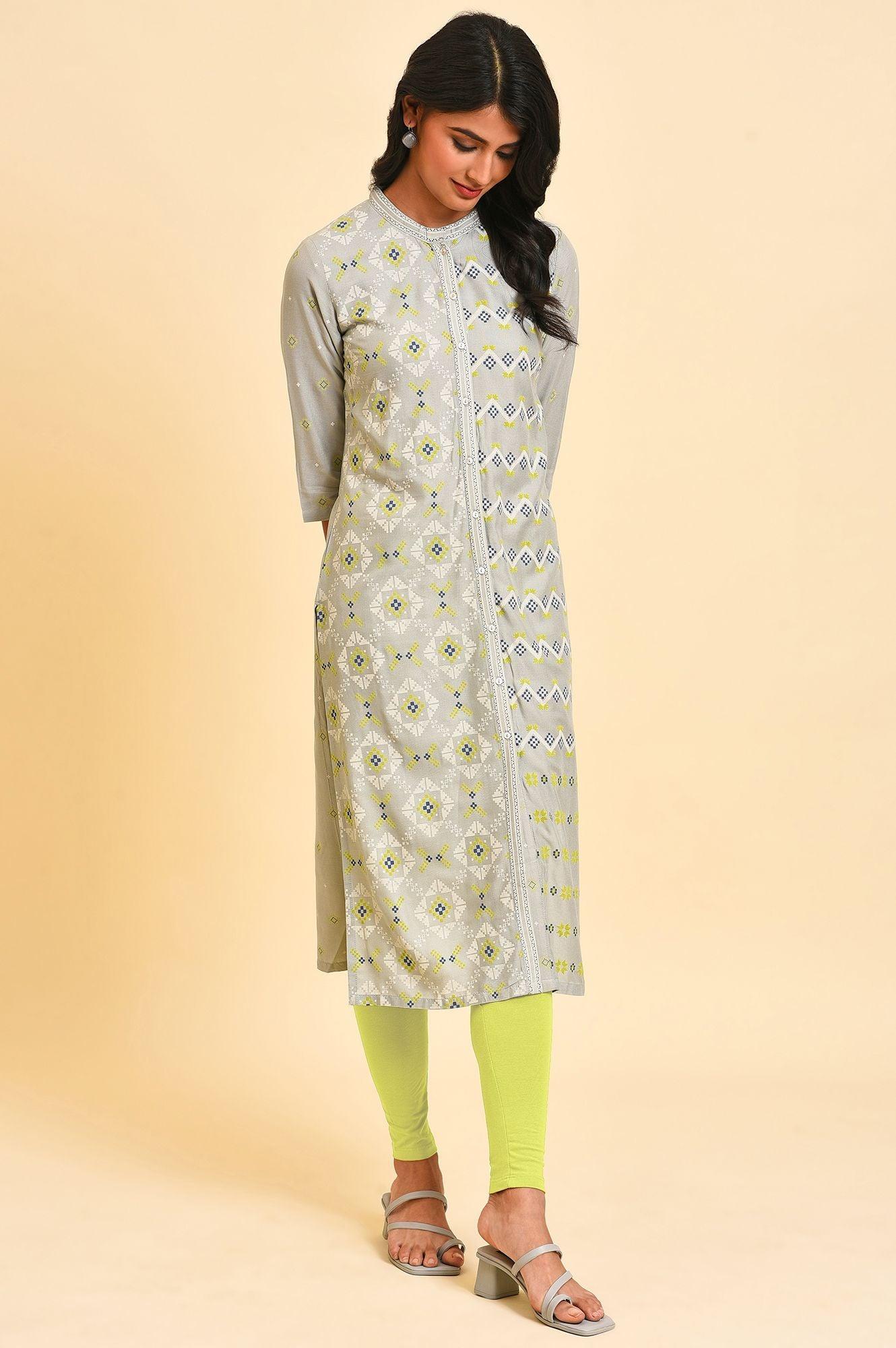 Grey Geometric Print kurta Set - wforwoman