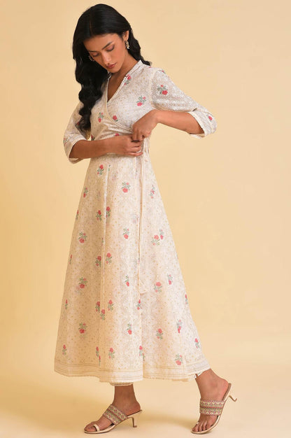 Ecru Glitter Printed Angrakha kurta &amp; Pants Set - wforwoman