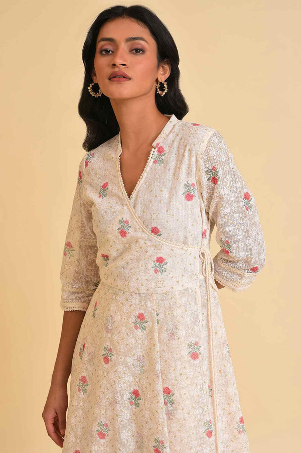 Plus Size Ecru Glitter Printed Angrakha kurta & Pants Set