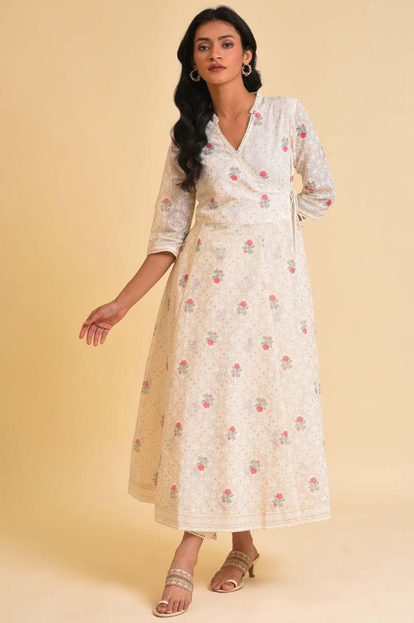 Plus Size Ecru Glitter Printed Angrakha kurta & Pants Set