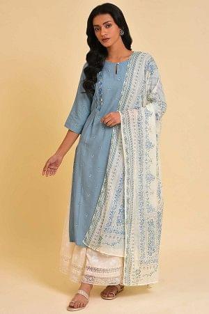 Blue Embroidered Kurta, Culottes And Printed Dupatta Set - wforwoman