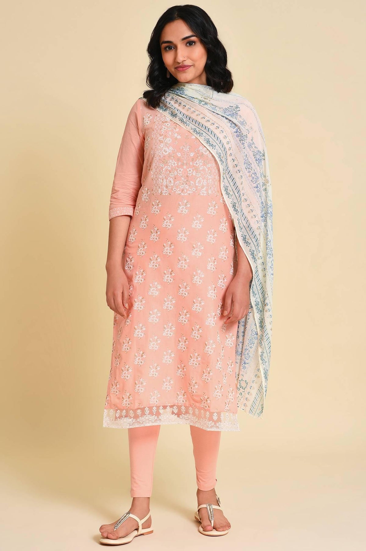 Peach Glitter Printed kurta Set - XS