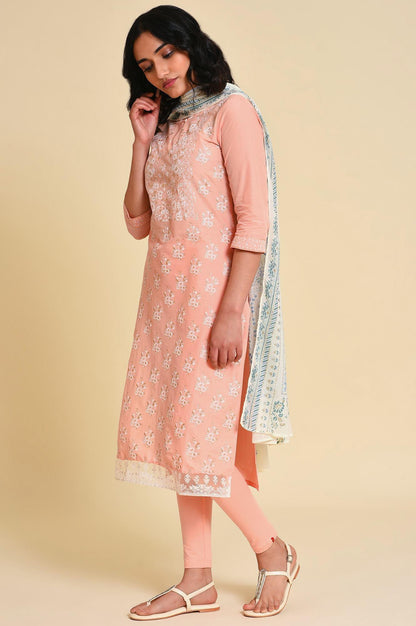 Peach Glitter Printed kurta Set - wforwoman