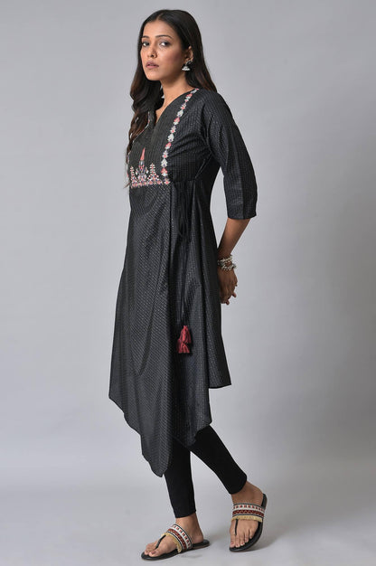 Plus Size Black Asymmetric Mock Layer Festive kurta - wforwoman