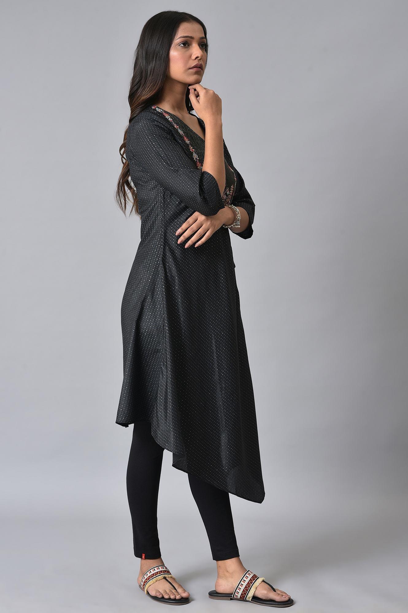 Plus Size Black Asymmetric Mock Layer Festive kurta - wforwoman