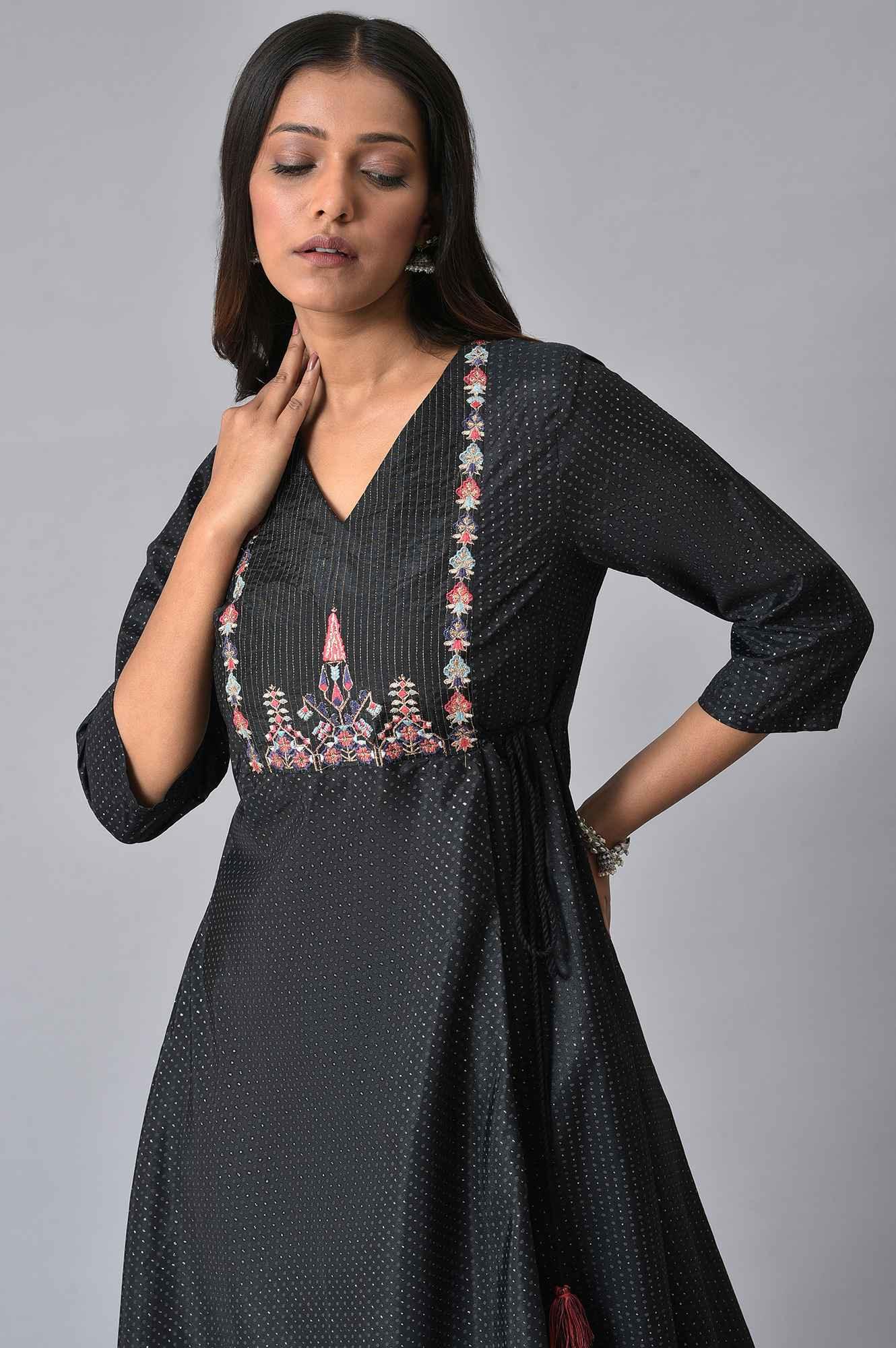 Plus Size Black Asymmetric Mock Layer Festive kurta - wforwoman
