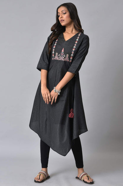 Plus Size Black Asymmetric Mock Layer Festive kurta - wforwoman