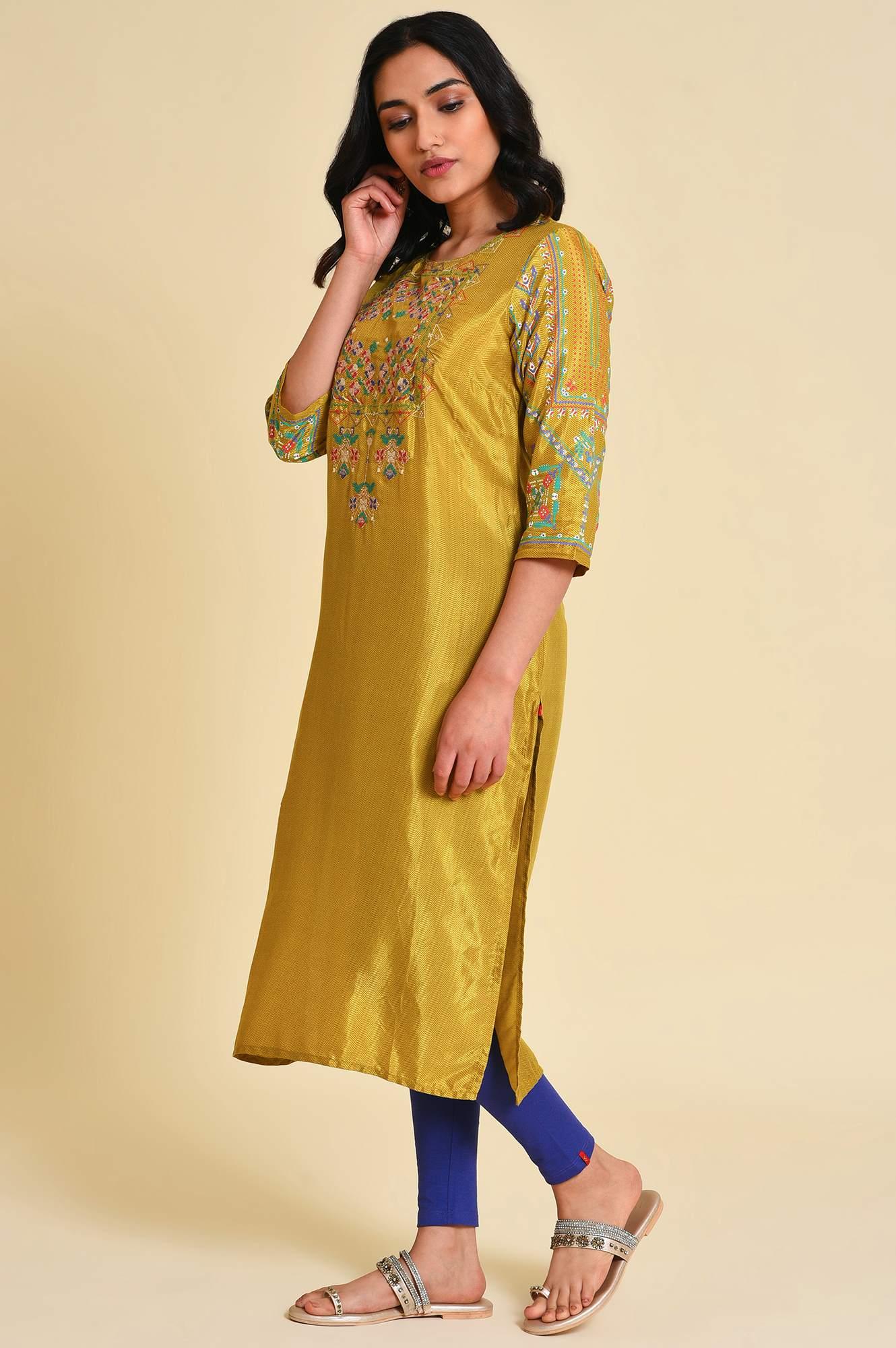 Mustard Embroidered kurta Set - wforwoman
