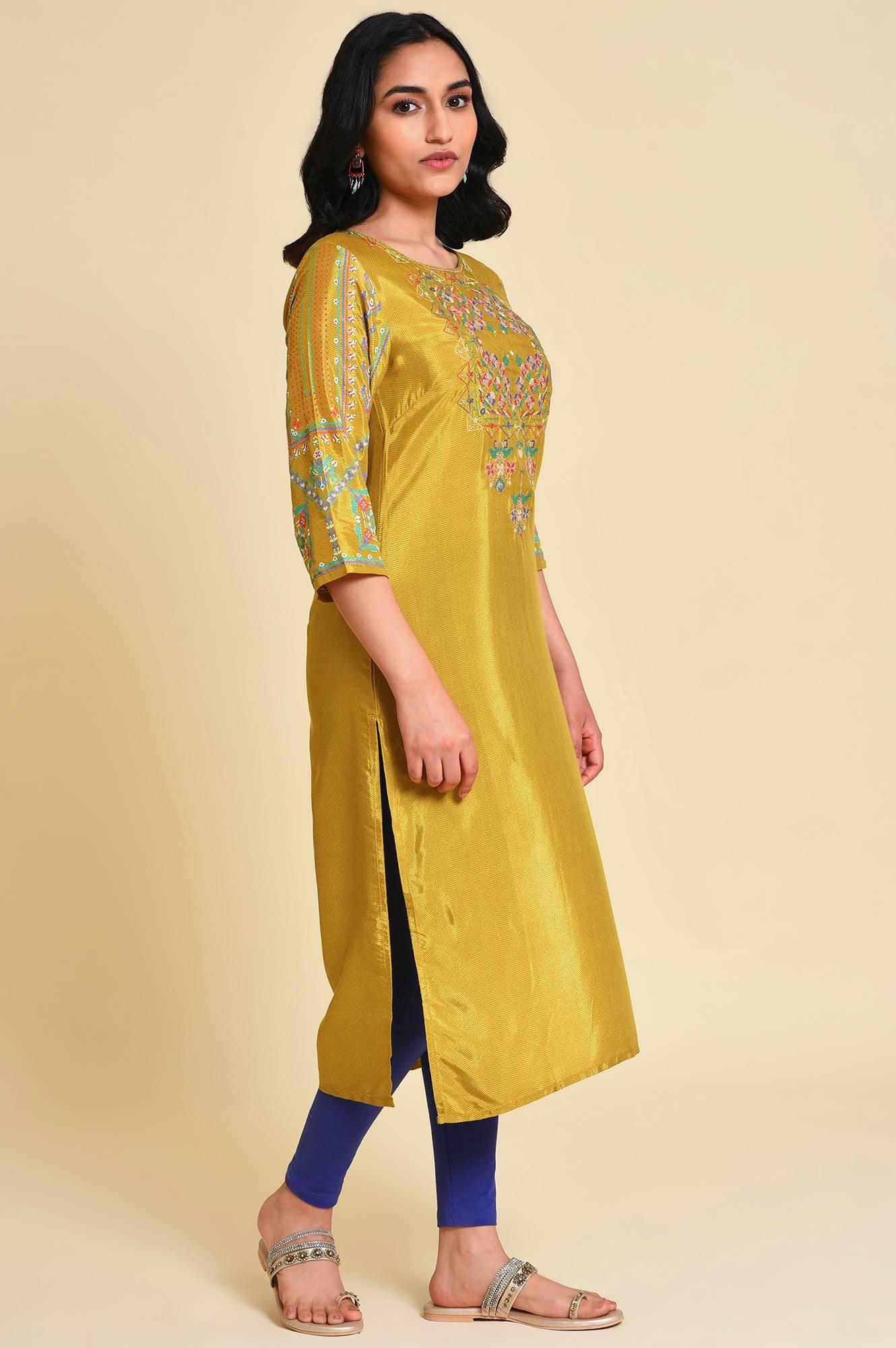 Mustard Embroidered kurta Set - wforwoman
