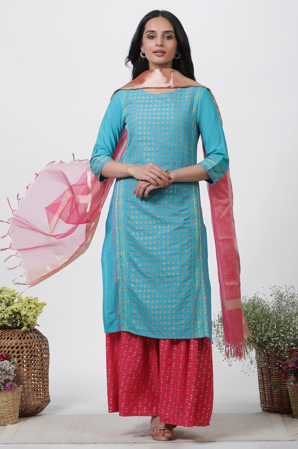 Blue Dobby Kurta, Sharara And Dupatta Set - XS