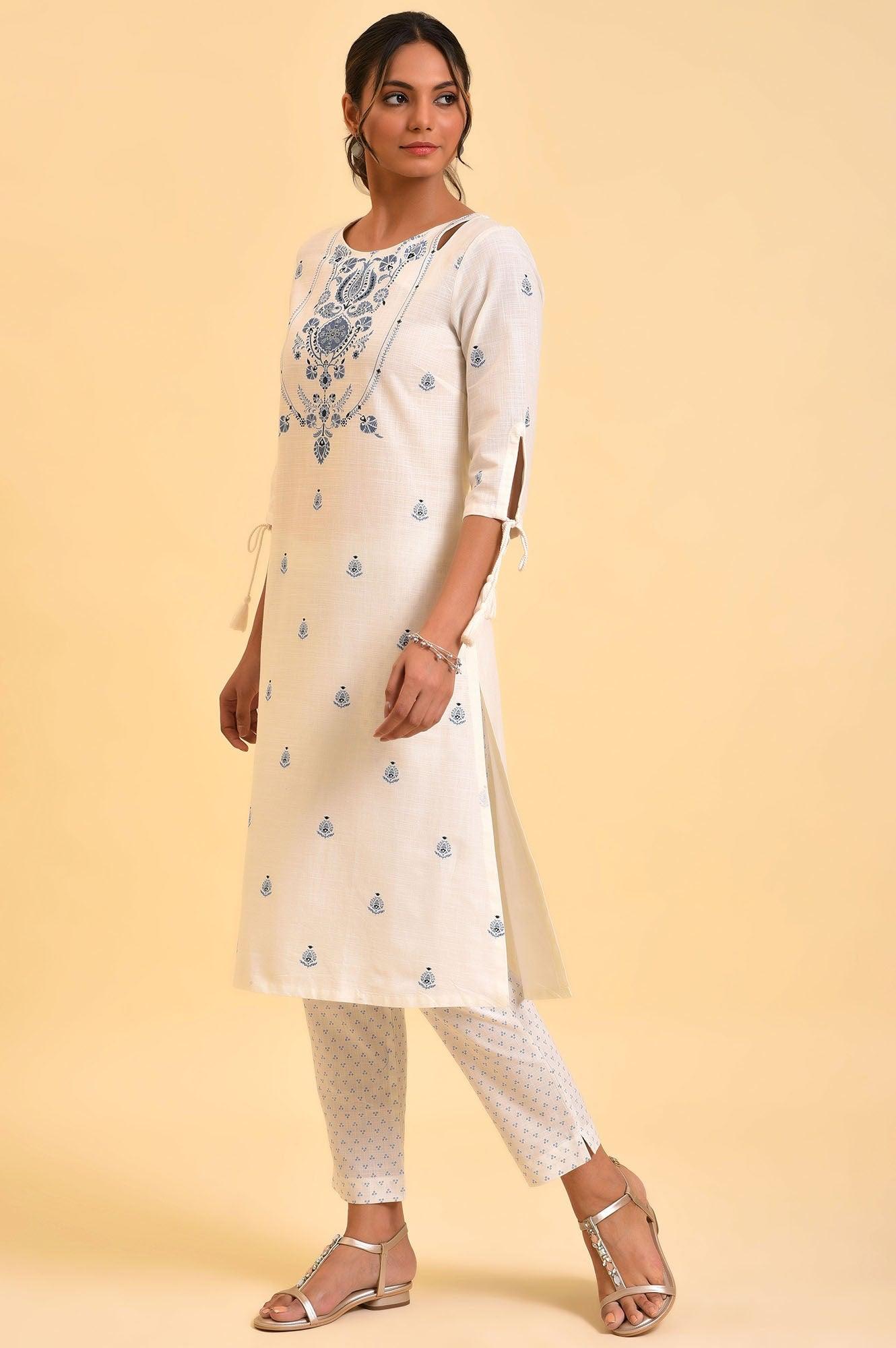 Ecru Floral Printed kurta &amp; Pants Set - wforwoman