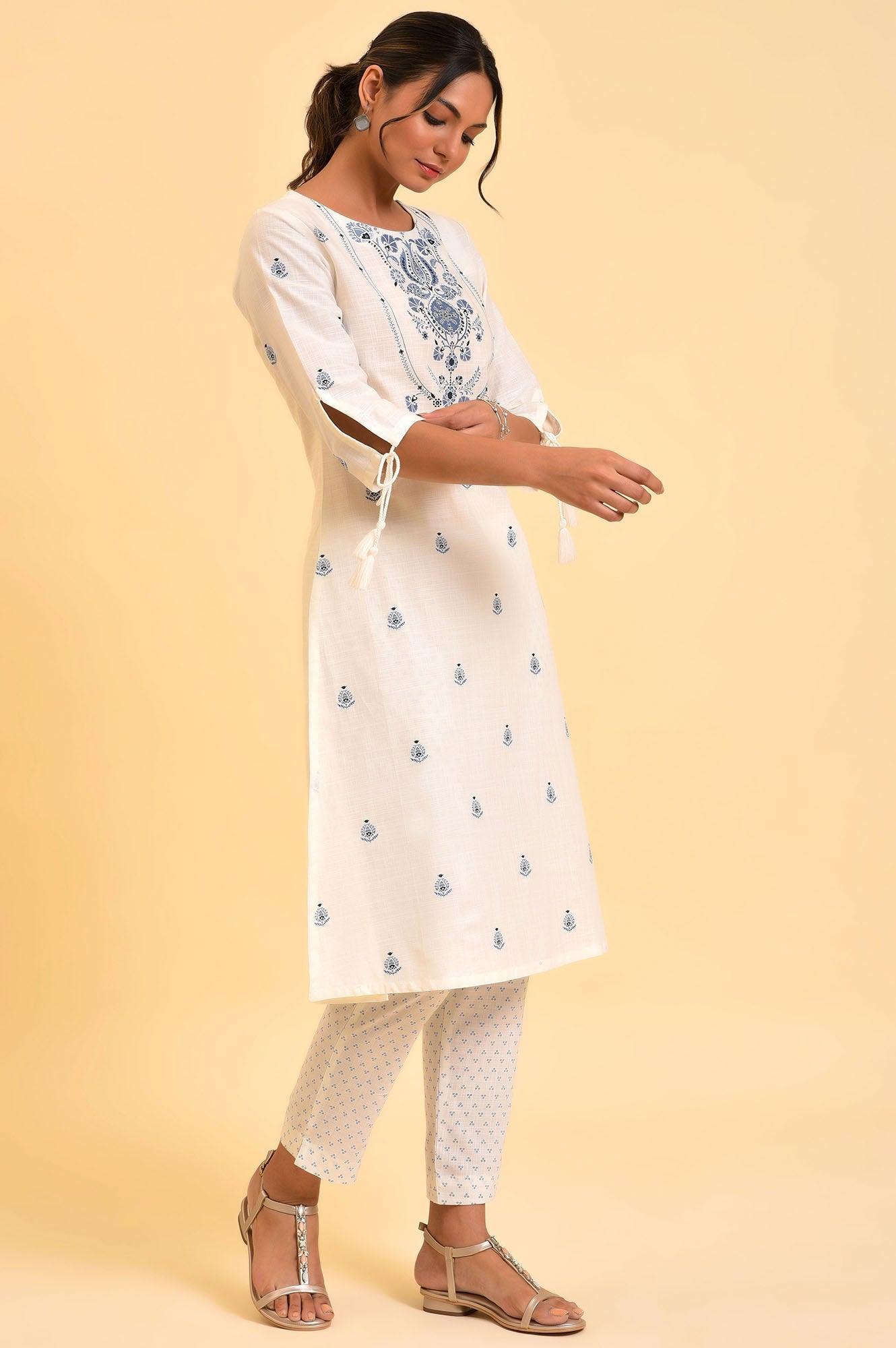 Ecru Floral Printed kurta &amp; Pants Set - wforwoman