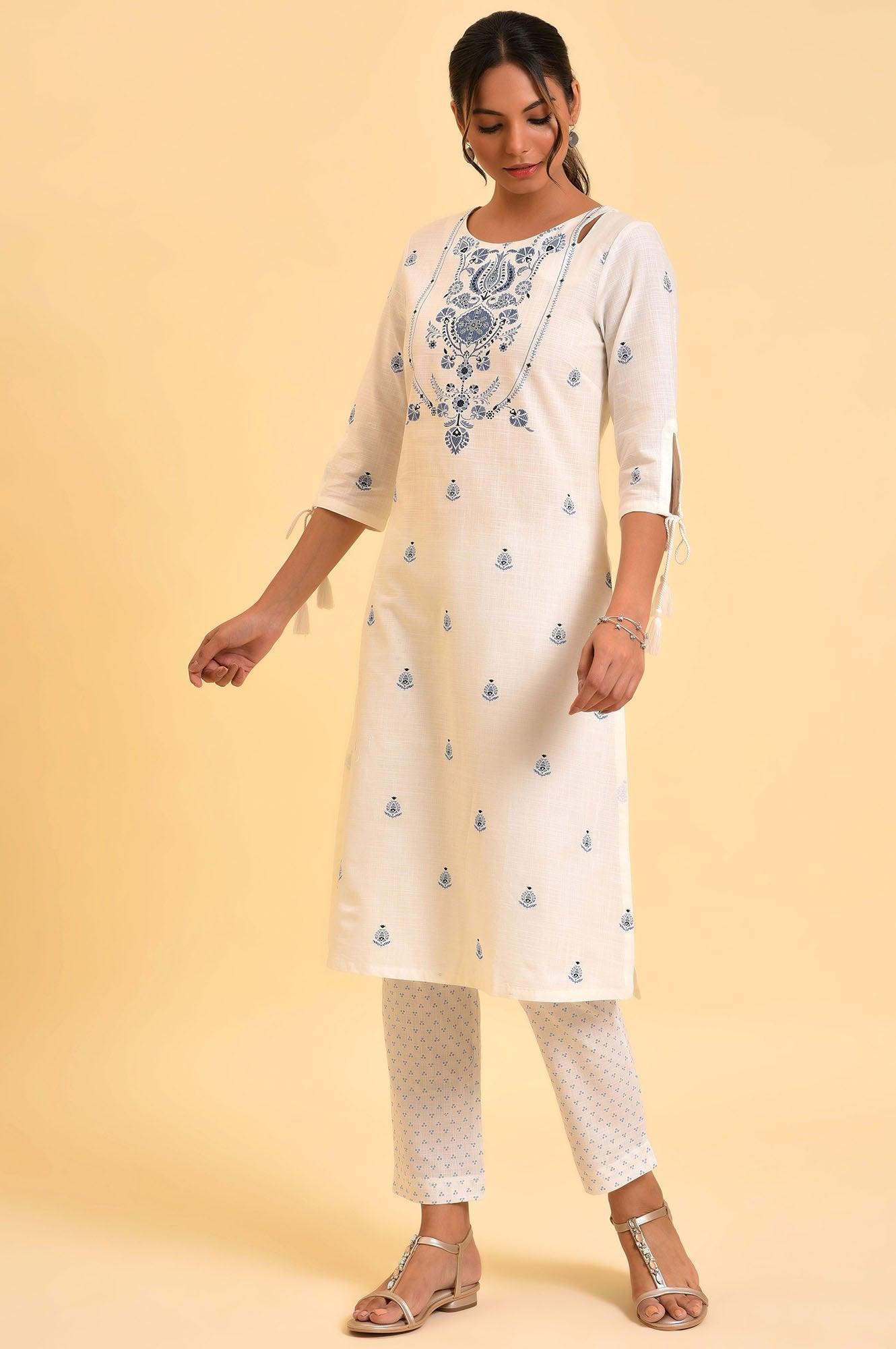 Ecru Floral Printed kurta &amp; Pants Set - wforwoman