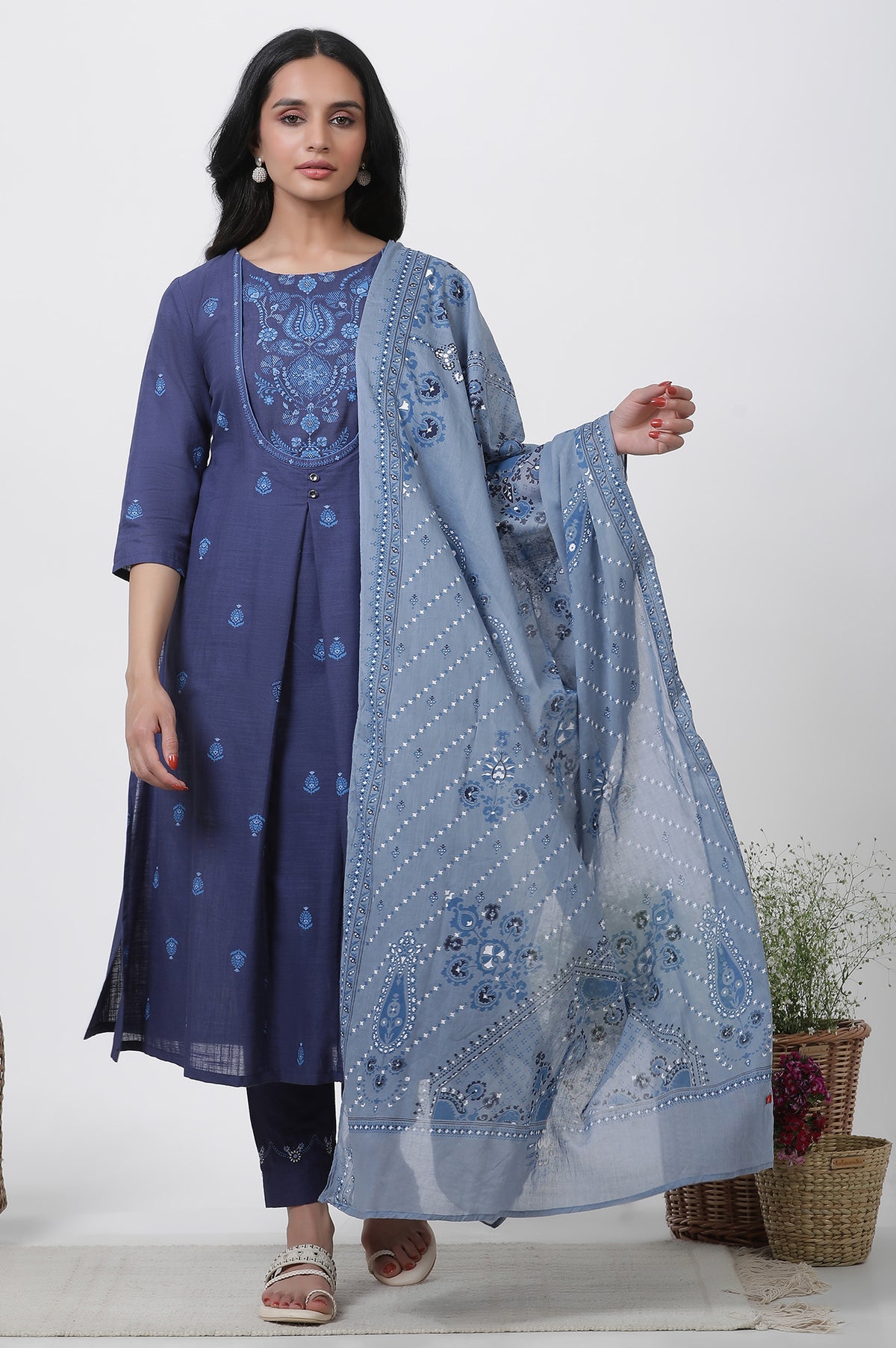 Blue Printed Cotton Kurta, Pants And Dupatta Set - XS