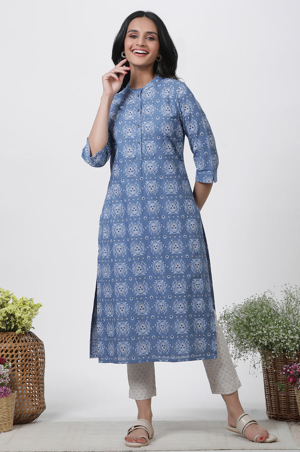 Blue Printed Casual Kurta And Slim Pants Set